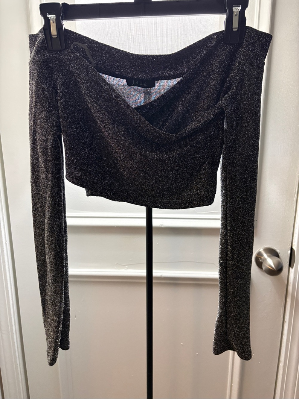 Jade Metallic Black Off-Shoulder Crop Top